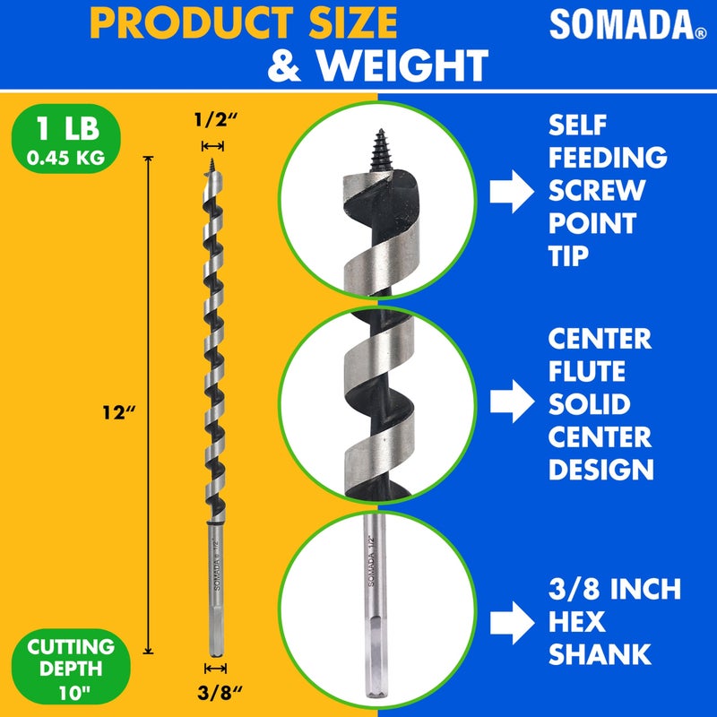 SOMADA 1/2-Inch x 12-Inch Auger Drill Bit for Wood, Hex Shank 3/8-Inch One Piece, Ship Auger Long Drill Bit for Soft and Hard Wood, Plastic, Drywall and Composite Materials - Image 2